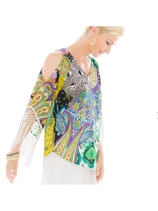Chico's Tops - Women’s Chico’s Retro Paisley Fringe Boho Tunic Size 1 US!